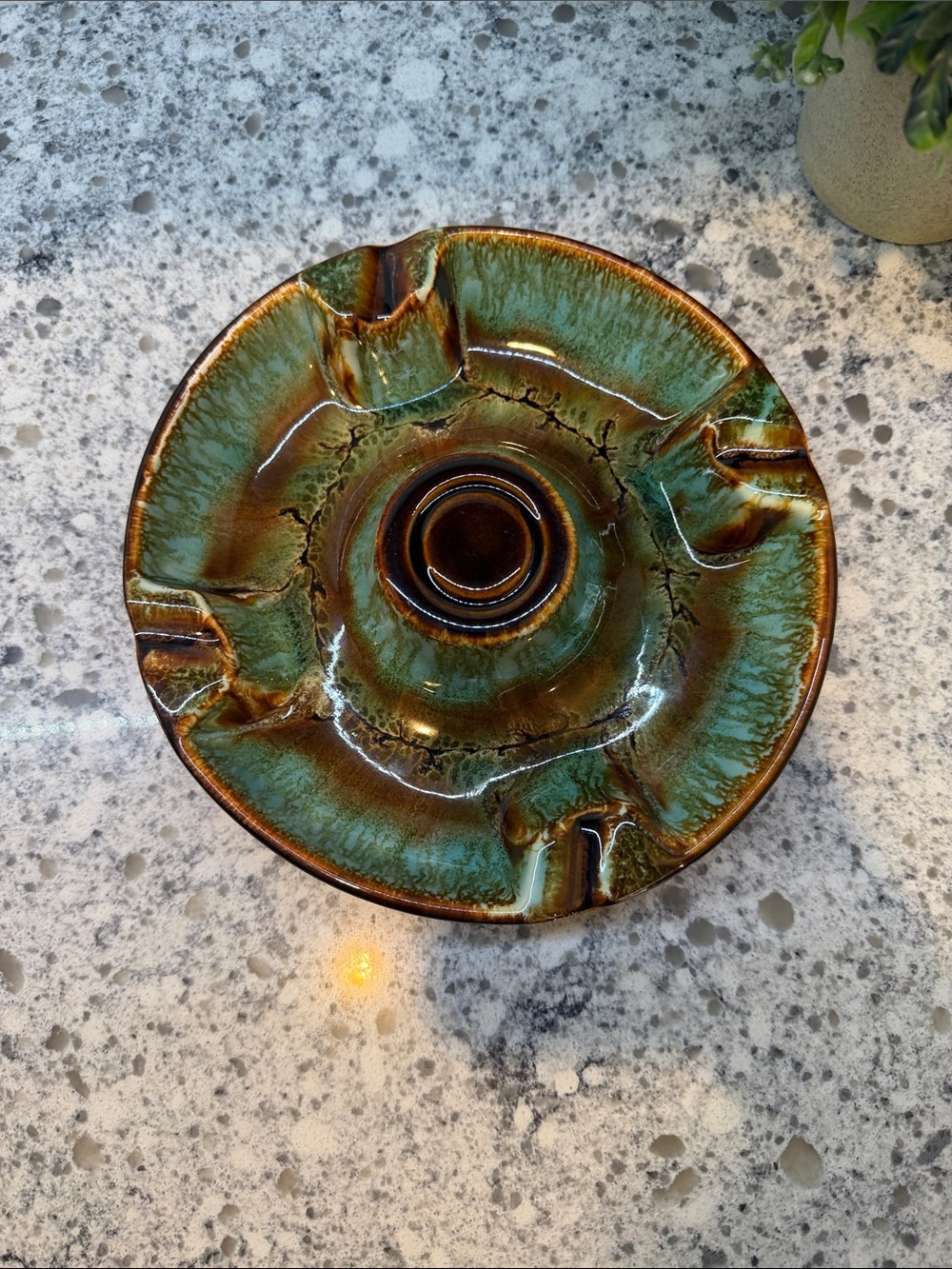 Vintage MCM Green and Brown Drip Glaze Ceramic Ashtray 1970 1980